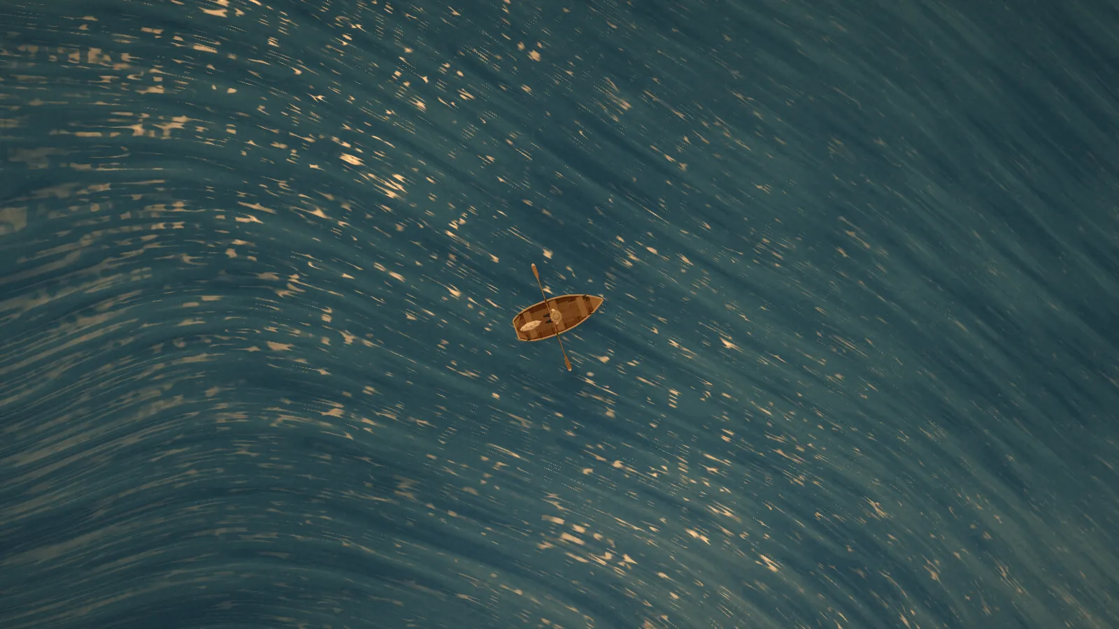 The rowing boat alone on dark teal water at golden hour, the sun’s reflections scattered across the swell as hundreds of small gold flecks.