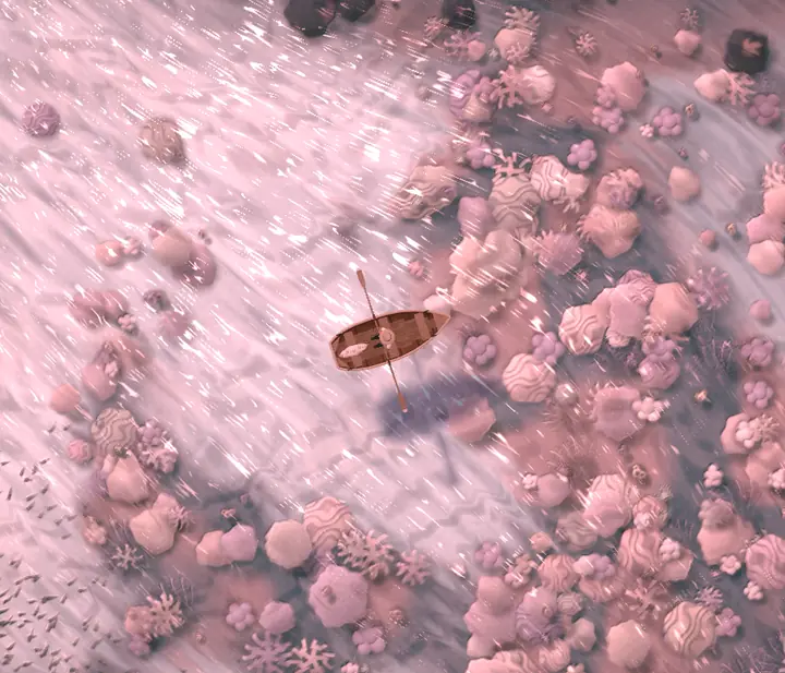 The lagoon at dawn, washed in pale pink.