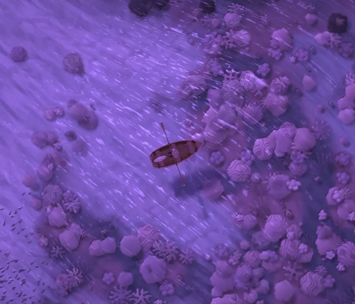 The same lagoon at dusk, gone violet.