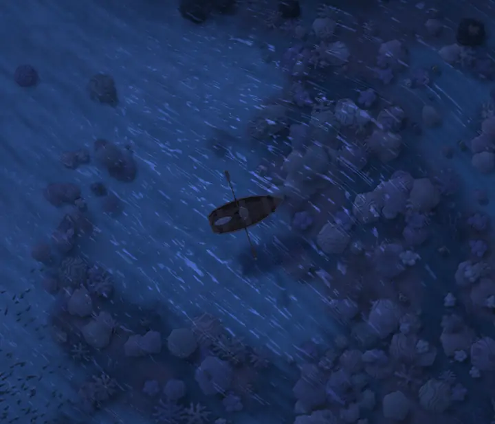 The same lagoon at night, in deep blue.