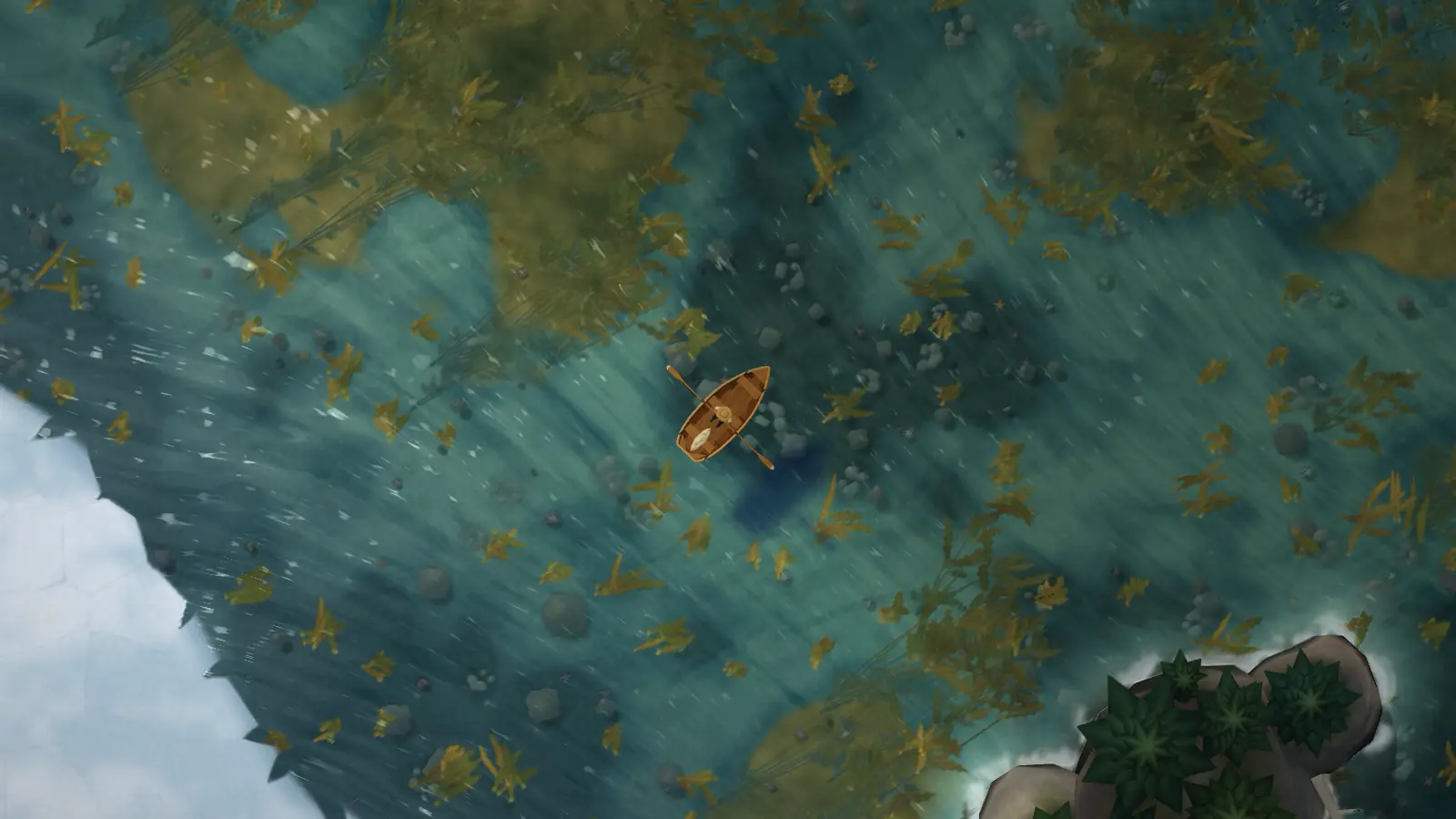 A kelp forest from above: golden fronds over dark rocky reefs and pale shingle.