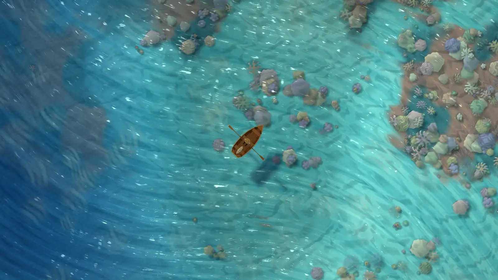 A turquoise lagoon over a reef of rounded corals in soft pastel colours, the boat drifting above it.