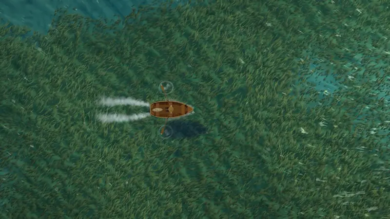 The rowing boat crossing a seagrass meadow, its wake trailing behind as the blades stir beneath it.