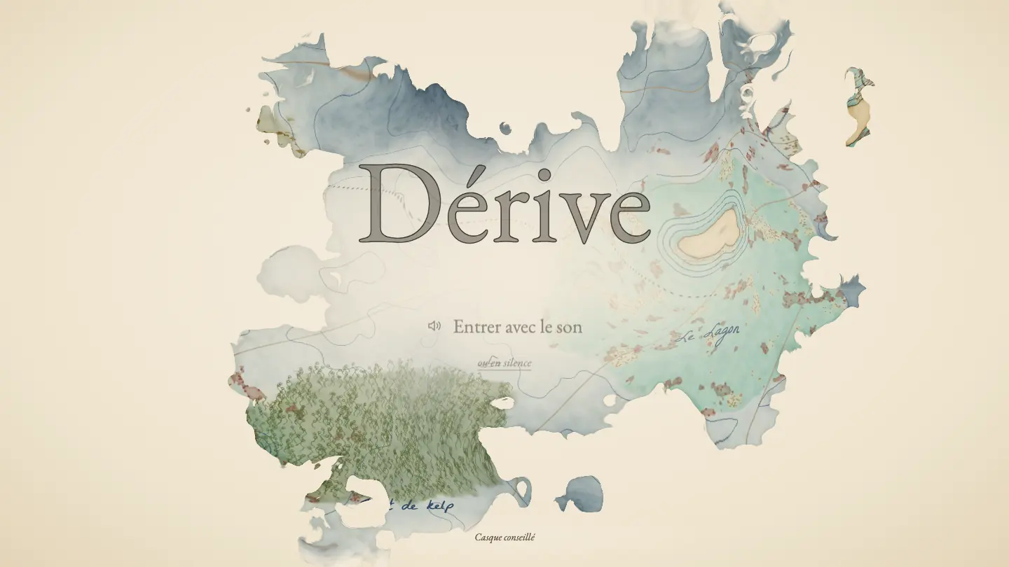 The loading screen early on: “Dérive” in ink on cream paper, a watercolour sea chart only half washed in, its edges still ragged.